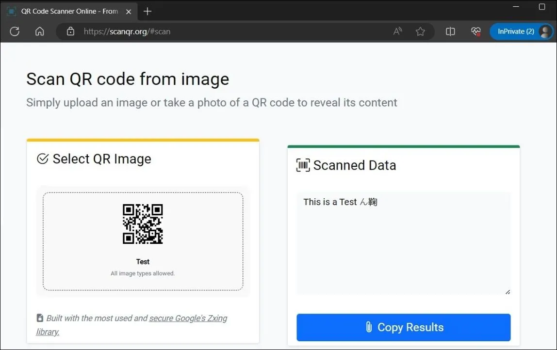 Kết quả quét mã QR từ hình ảnh trên dịch vụ trực tuyến ScanQR.org, hiển thị dữ liệu đã quét và tùy chọn sao chép.
