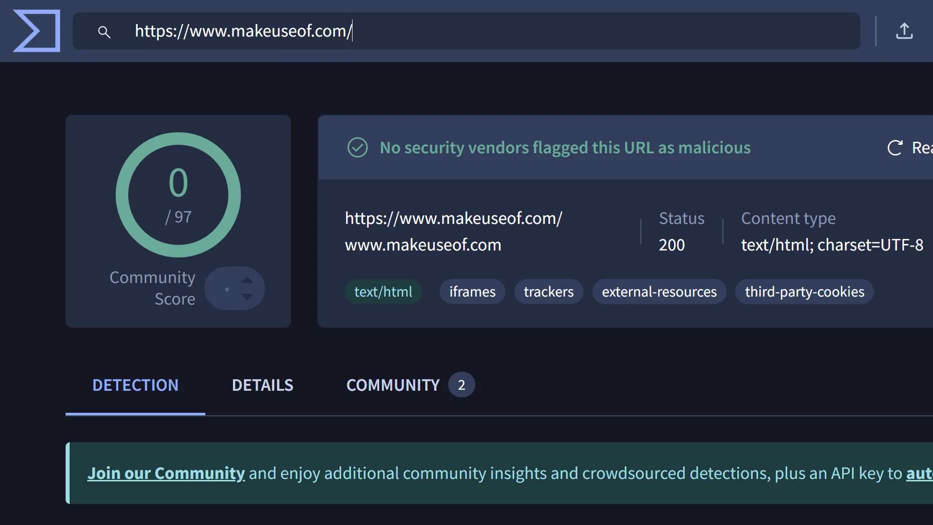 Kết quả quét URL bằng VirusTotal cho thấy không phát hiện virus