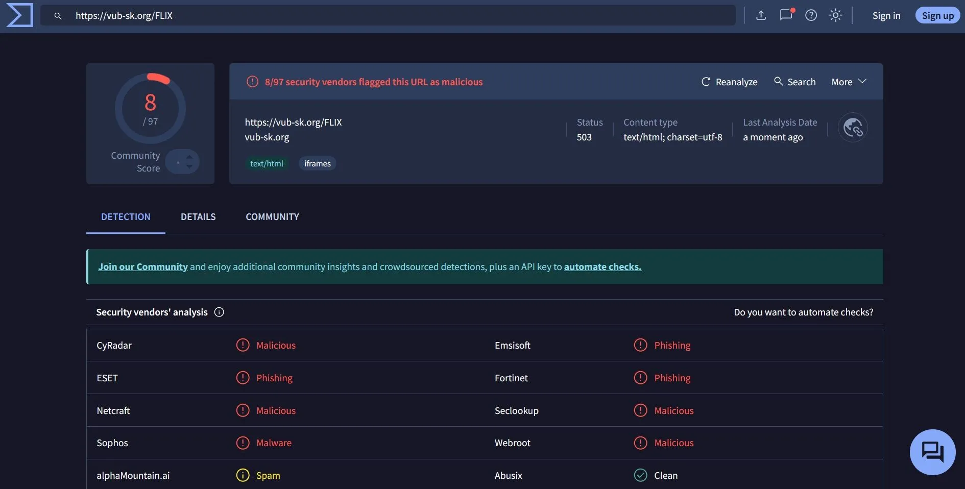 Kết quả quét URL của email lừa đảo Netflix trên VirusTotal cho thấy liên kết bị gắn cờ độc hại.