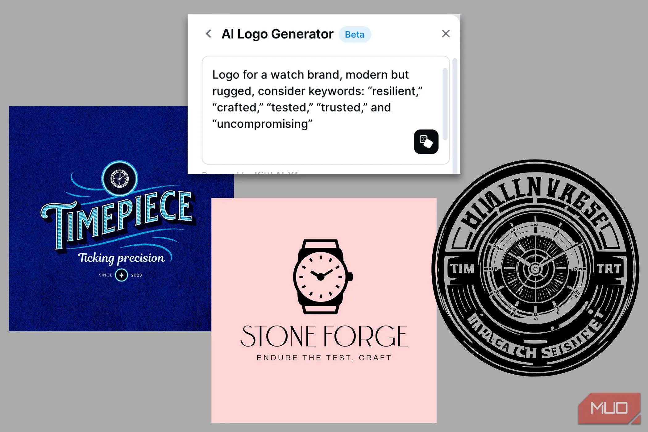 Kết quả thiết kế logo tự động từ trình tạo AI của Kittl, thể hiện khả năng và hạn chế của AI trong việc hiểu ý tưởng sáng tạo.