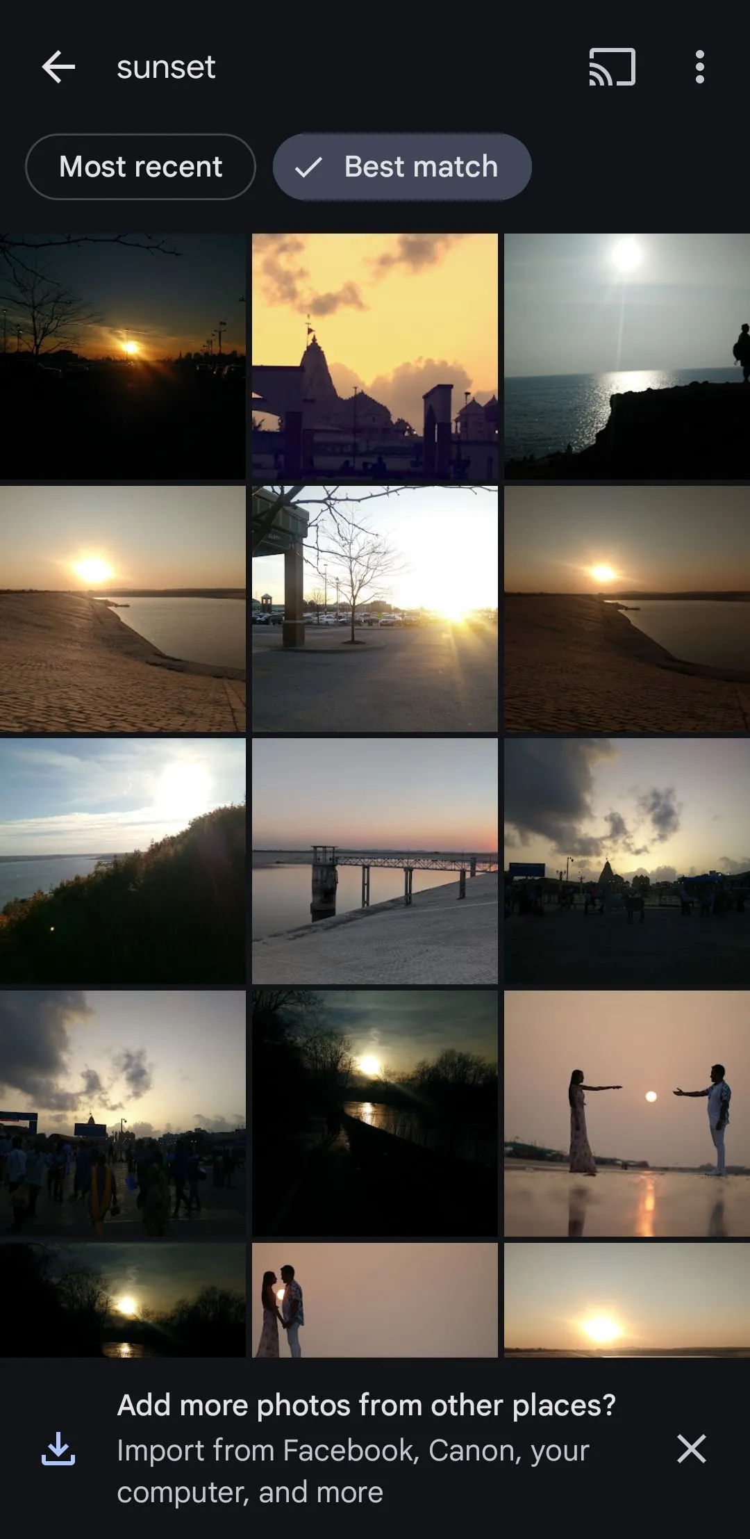 Kết quả tìm kiếm ảnh hoàng hôn trong ứng dụng Google Photos