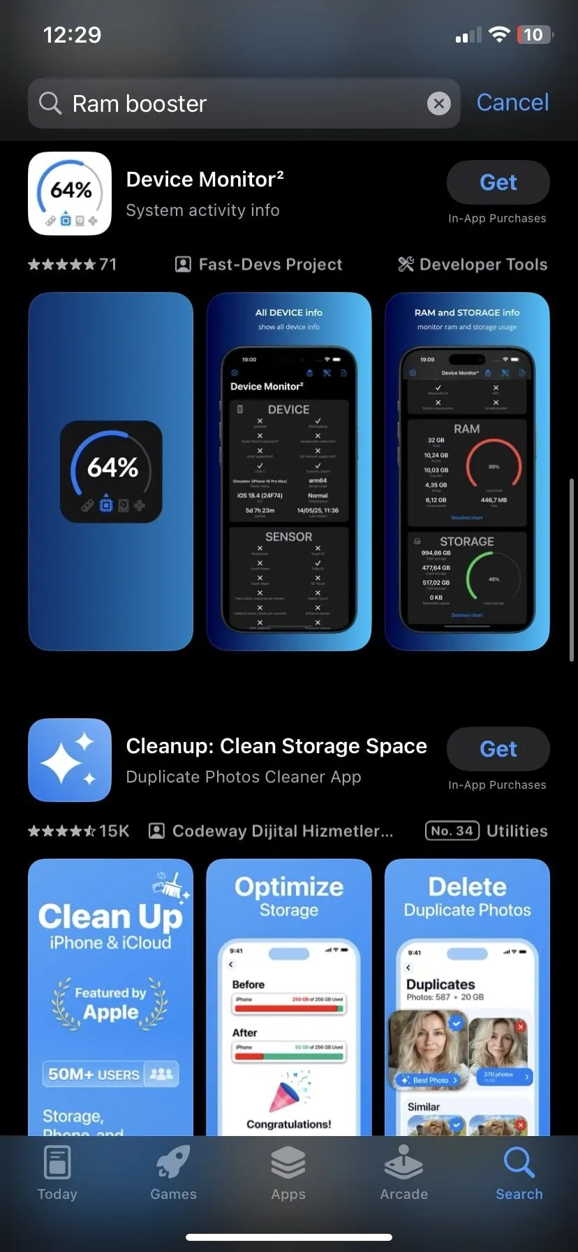 kết quả tìm kiếm cho các ứng dụng tăng tốc RAM trên App Store không có tác dụng trên iOS