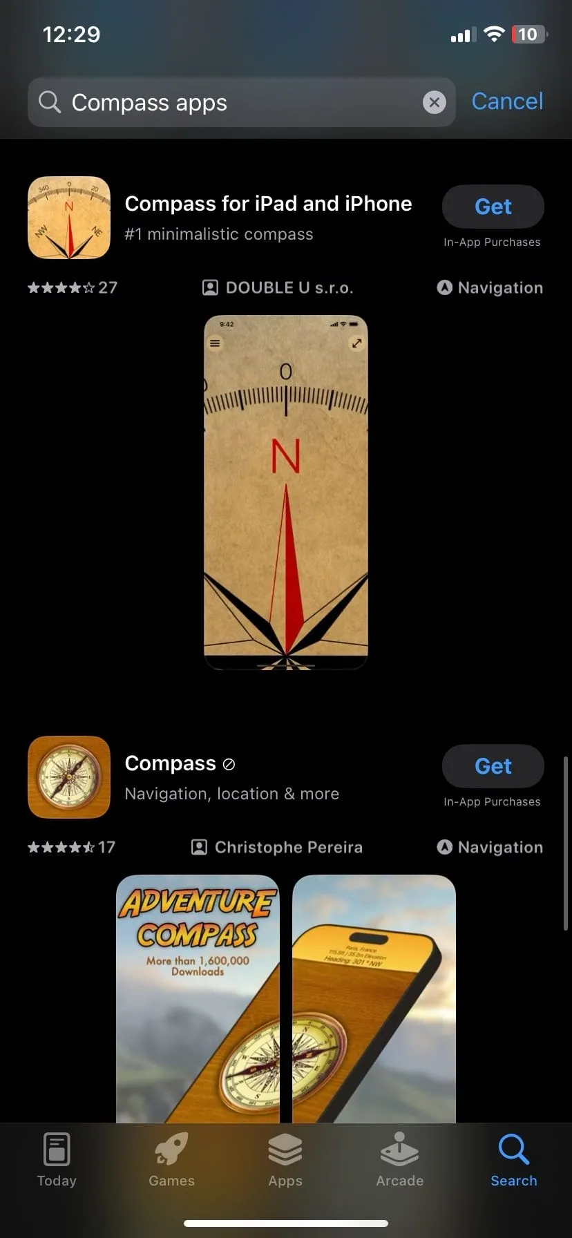 kết quả tìm kiếm cho ứng dụng la bàn bên thứ ba trên App Store