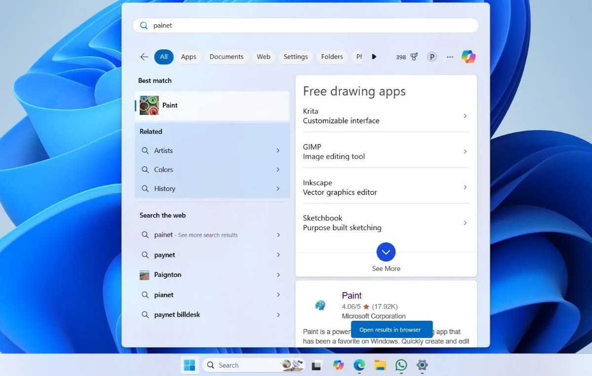 Kết quả tìm kiếm của Windows 11 hiển thị các gợi ý từ web bên cạnh kết quả cục bộ.