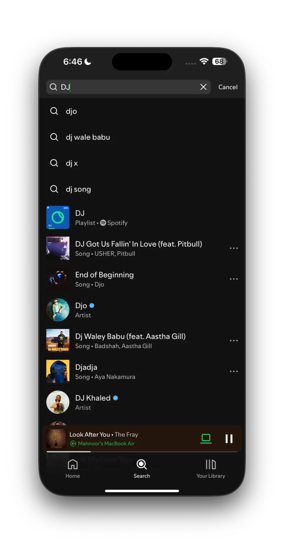 Kết quả tìm kiếm 'DJ' hiển thị tùy chọn AI DJ trên ứng dụng Spotify.