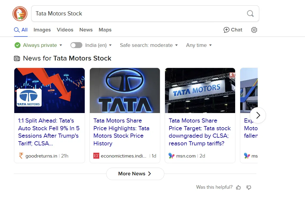 Kết quả tìm kiếm DuckDuckGo cho 'Tata Motors stock' chỉ hiển thị các liên kết đến trang web, yêu cầu click để xem thông tin