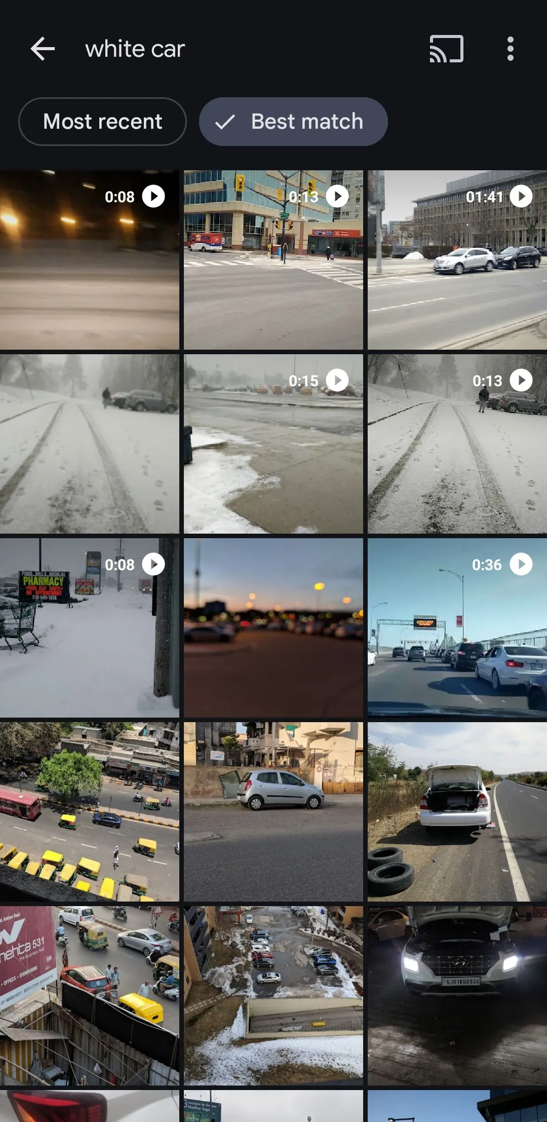 Kết quả tìm kiếm Google Photos hiển thị ảnh và video có xe ô tô màu trắng