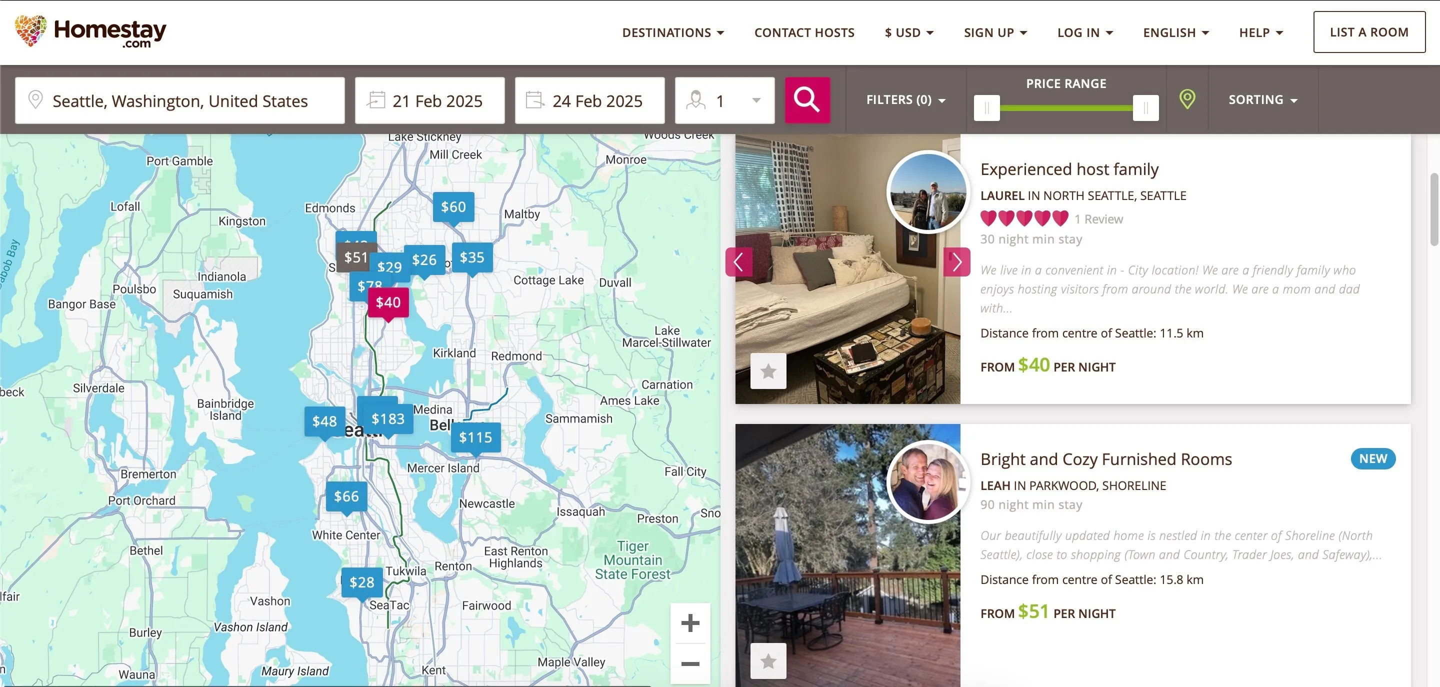 Kết quả tìm kiếm Homestay tại Seattle, hiển thị các lựa chọn chỗ ở dạng homestay cùng giá và đánh giá.