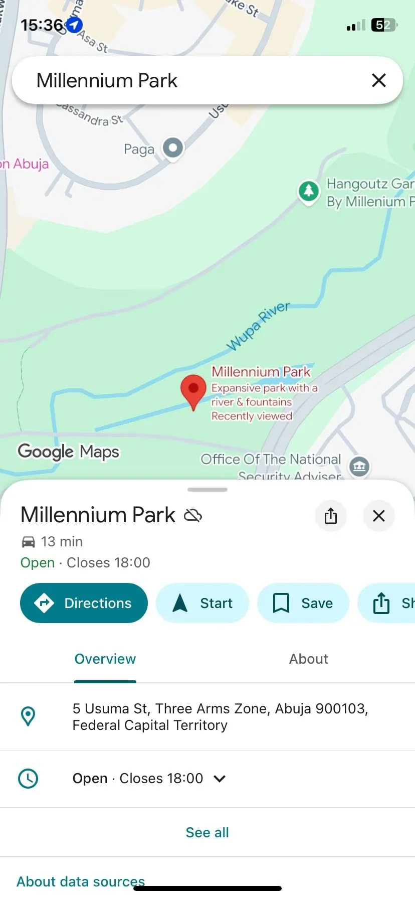 Kết quả tìm kiếm trên bản đồ Google Maps khi không có mạng