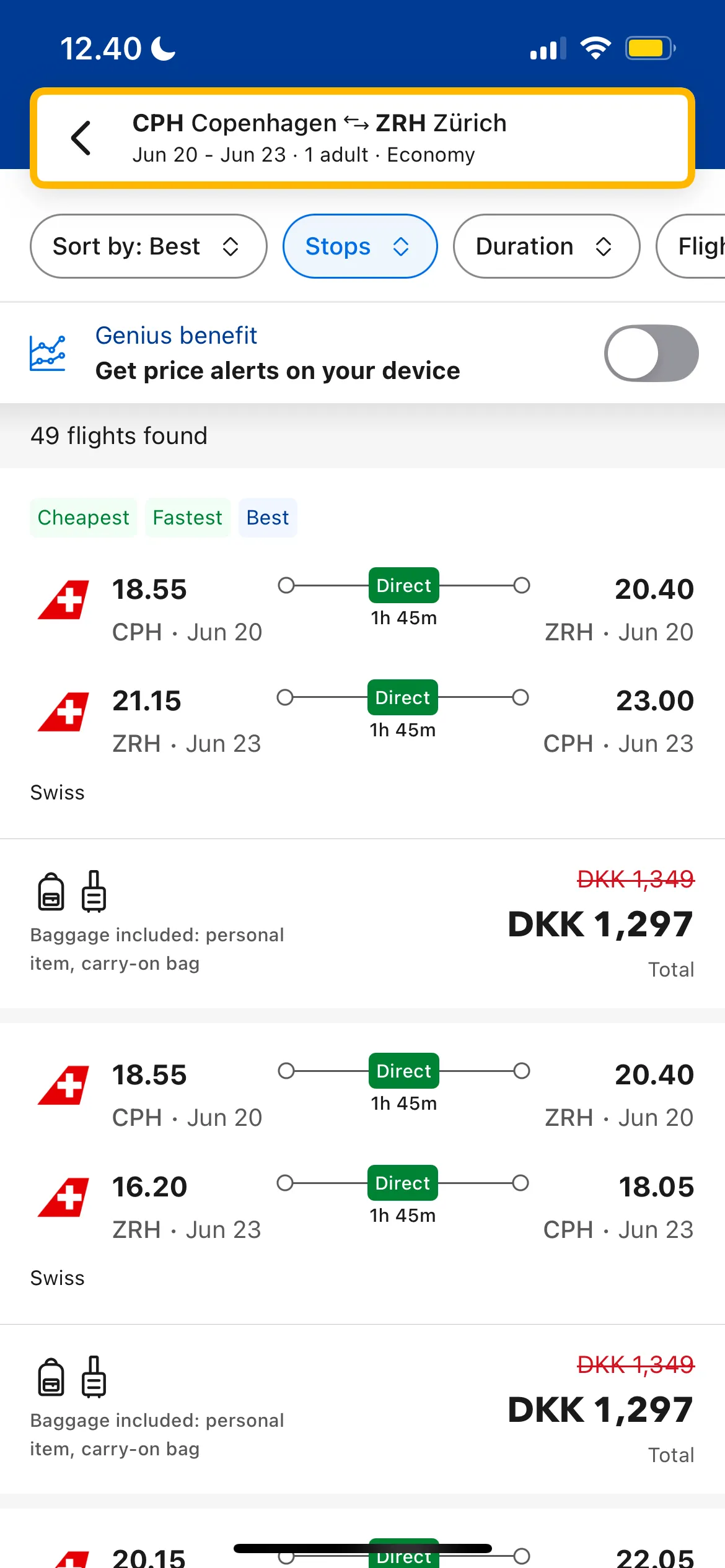 Kết quả tìm kiếm và các tùy chọn chuyến bay trên giao diện Booking.com