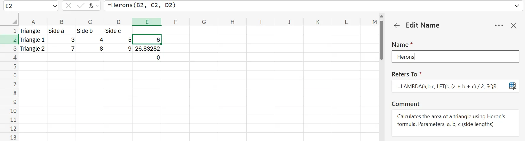 Kết quả tính diện tích tam giác bằng công thức Heron sử dụng hàm LAMBDA và LET trong Excel