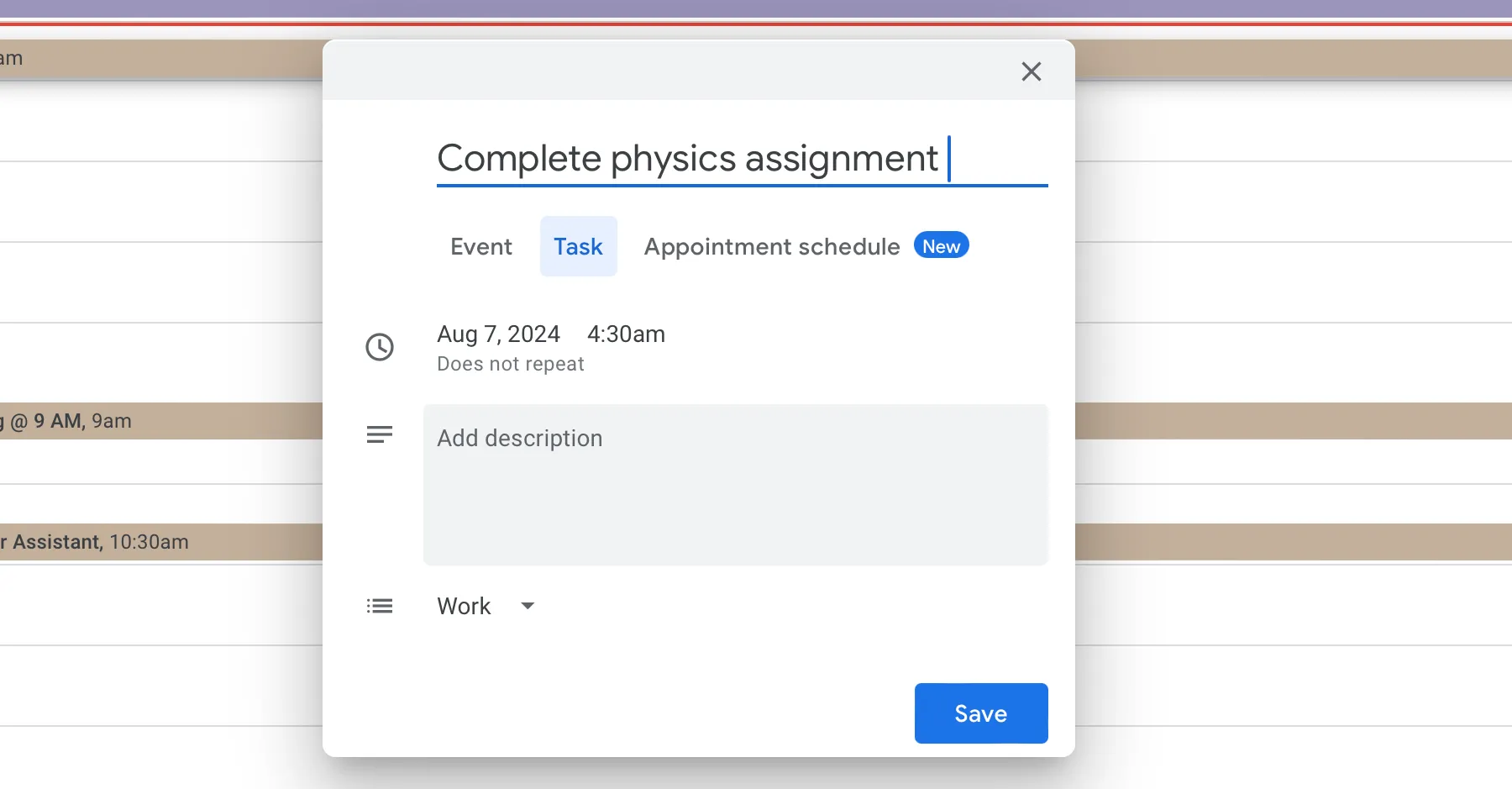 Khả năng thêm tác vụ trực tiếp vào Google Tasks từ Google Calendar, minh họa sự tích hợp liền mạch giữa các ứng dụng Google.