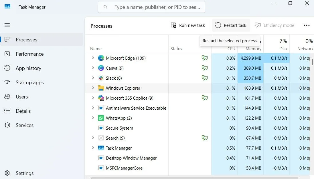Khởi động lại tiến trình Windows Explorer từ Trình quản lý Tác vụ để khắc phục lỗi Start Menu
