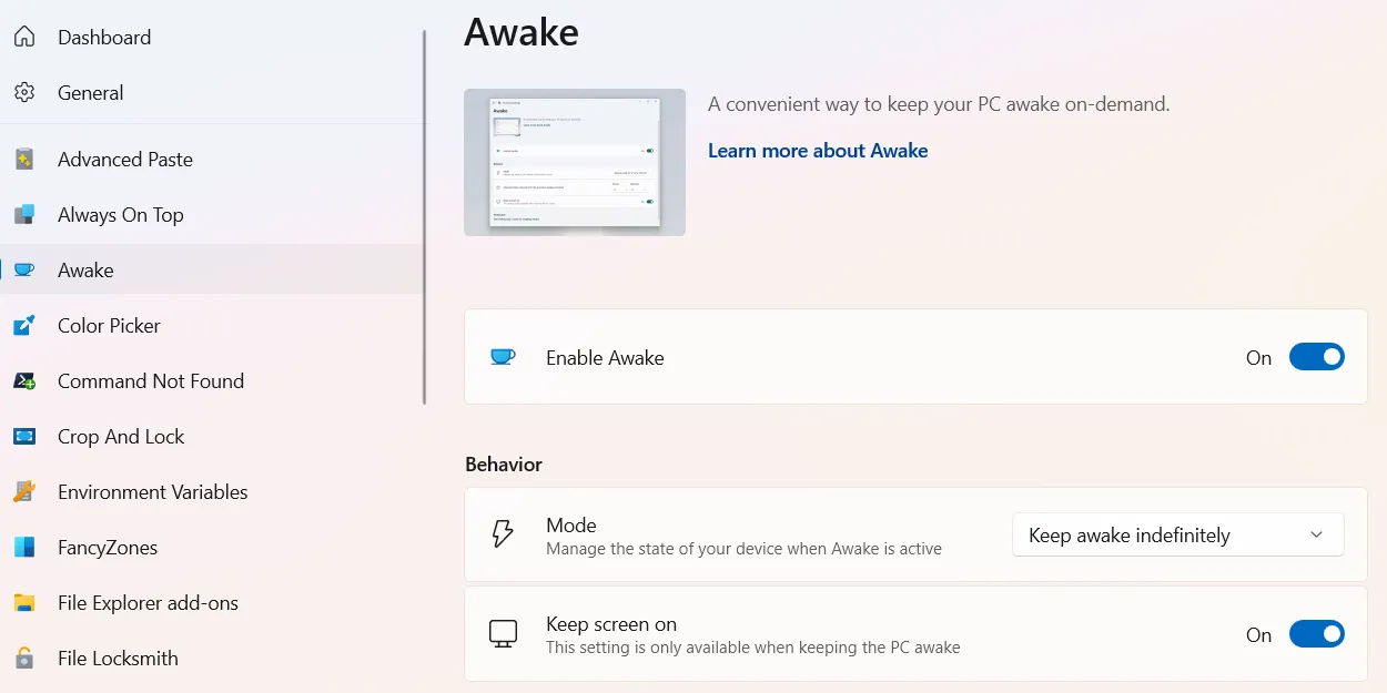 Kích hoạt tiện ích Awake trong PowerToys trên Windows 11 để giữ cho hệ thống luôn hoạt động.