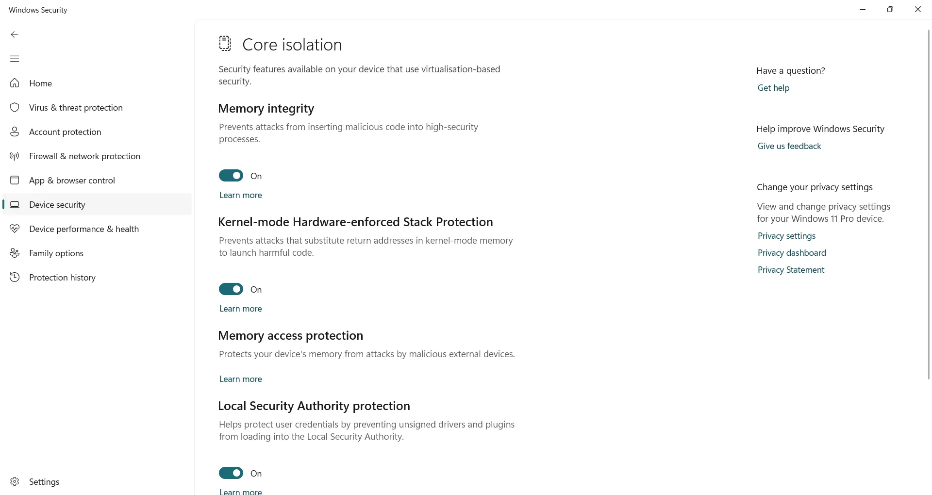 Kích hoạt tính năng Memory Integrity (Tính toàn vẹn bộ nhớ) trong cài đặt Core isolation của Windows Security