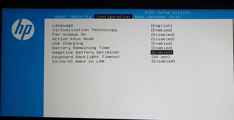 Kích hoạt tính năng Tối ưu hóa pin thích ứng (Adaptive Battery Optimizer) hoặc Trình quản lý sức khỏe pin trong cài đặt BIOS/UEFI của laptop HP.