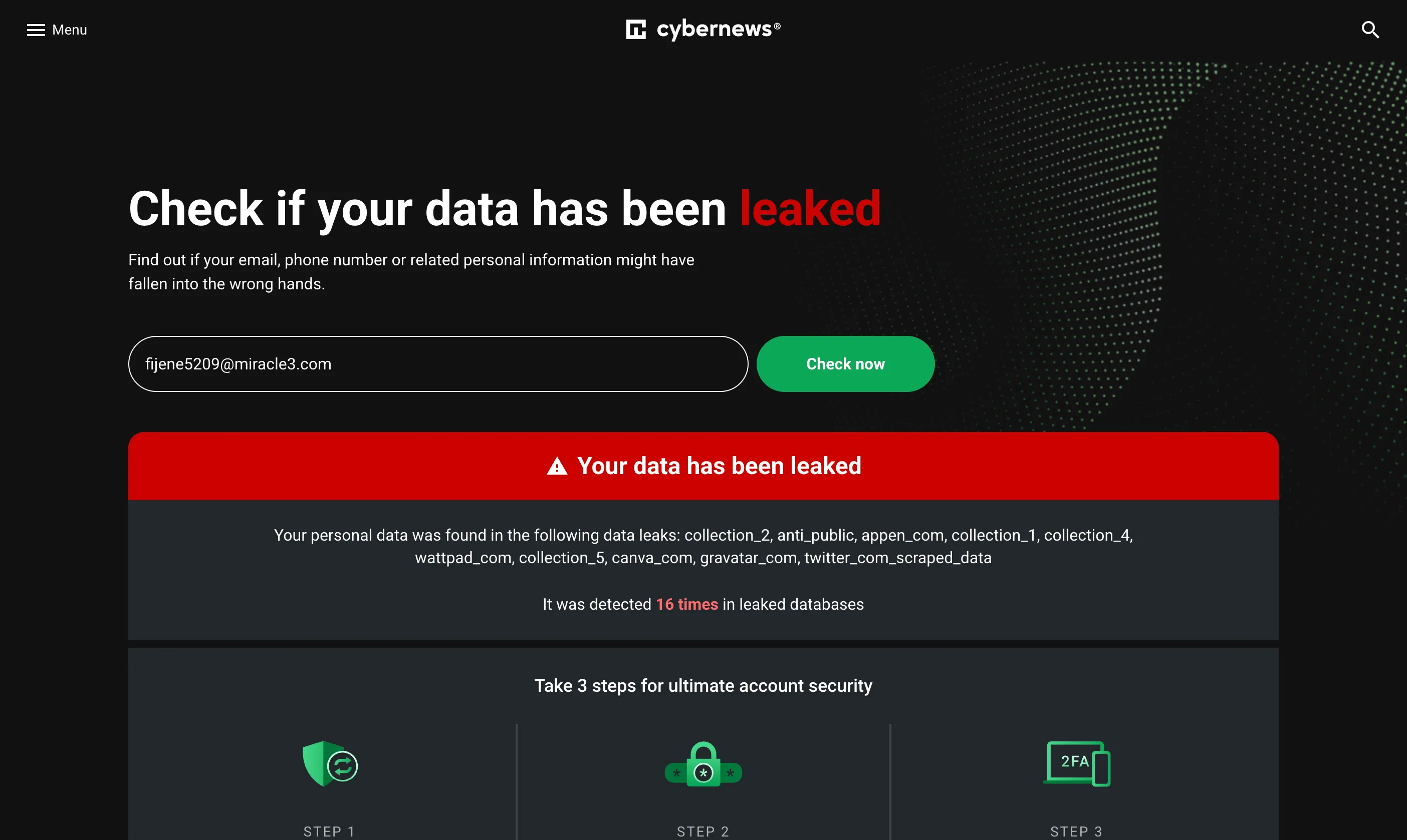Kiểm tra dữ liệu trên dark web bằng công cụ Personal Data Leak Checker của CyberNews