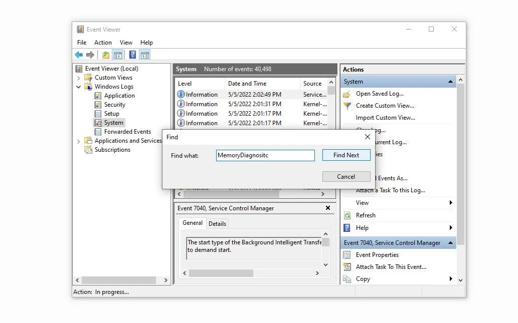 Kiểm tra kết quả của công cụ chẩn đoán bộ nhớ Windows (Windows Memory Diagnostic) trong Event Viewer