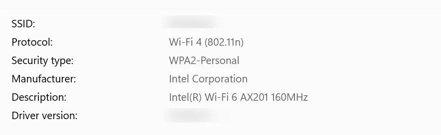 Kiểm tra loại mã hóa bảo mật (WPA2, WPA3) của mạng Wi-Fi đang kết nối trong Cài đặt Windows.