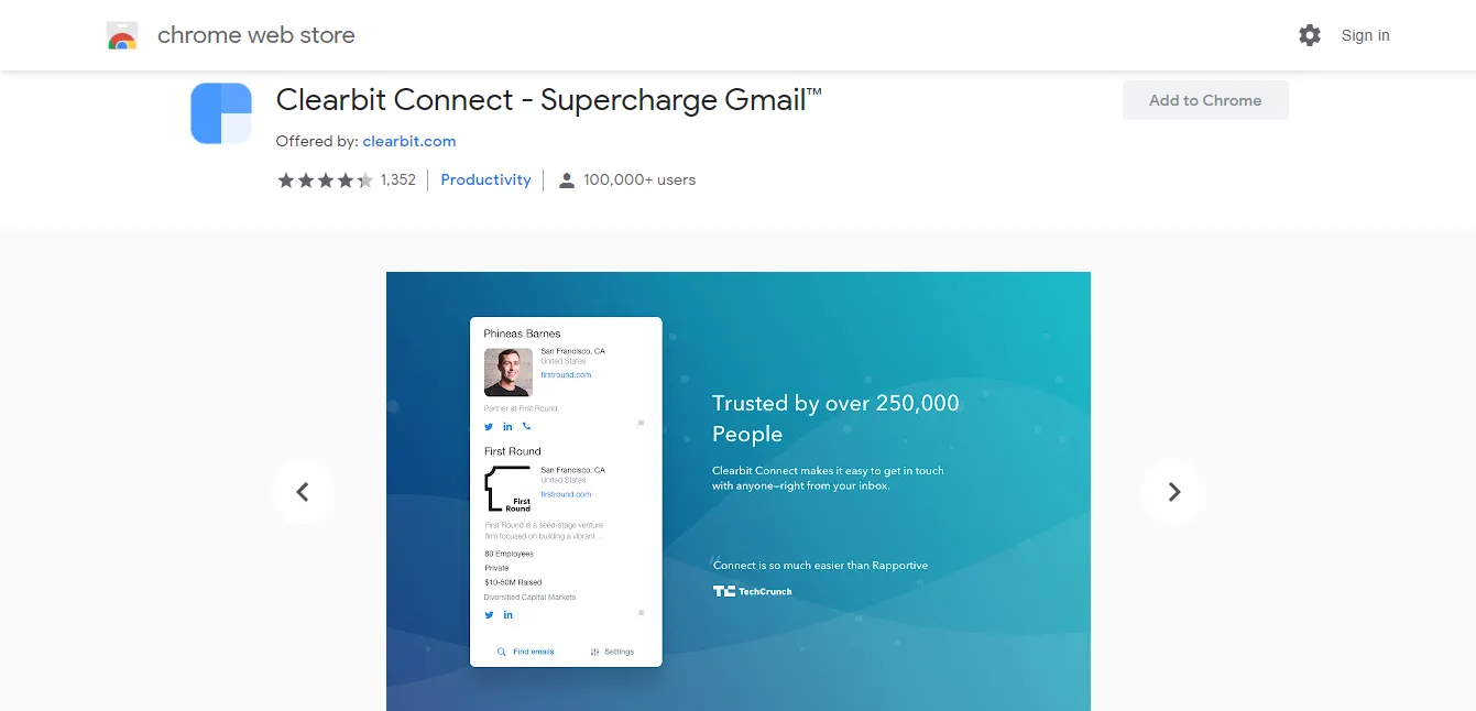 Kiểm tra số lượng người dùng và đánh giá tiện ích mở rộng Clearbit Connect trên Chrome Web Store