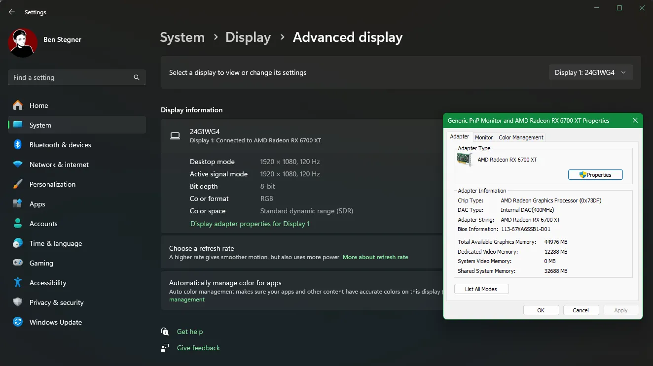Kiểm tra VRAM trên Windows 11: Màn hình cài đặt hiển thị thông tin adapter đồ họa, làm nổi bật mục "Dedicated Video Memory" (Bộ nhớ video chuyên dụng).