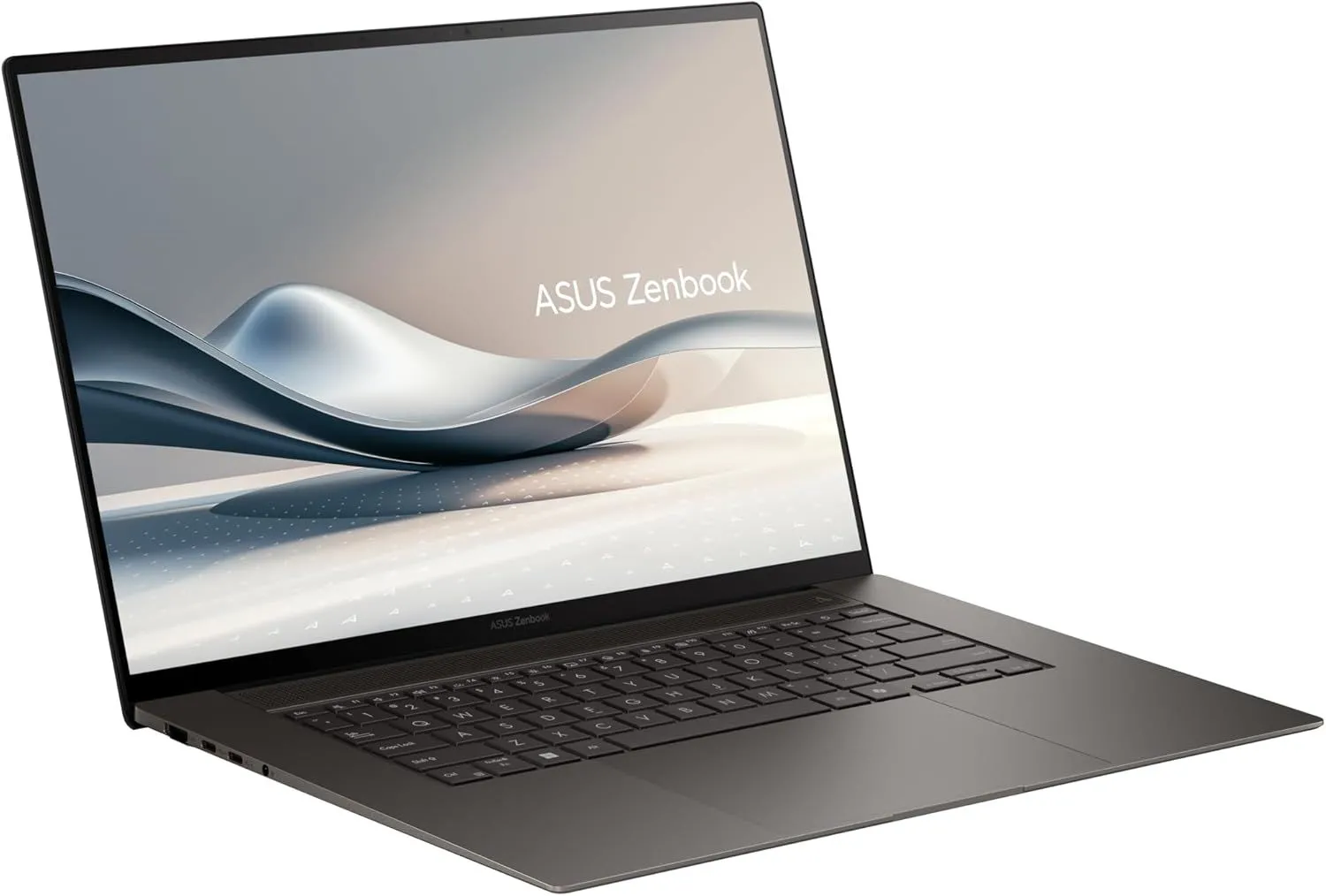Laptop ASUS Zenbook S 16 OLED màu trắng hiển thị giao diện Windows trên màn hình tràn viền rực rỡ