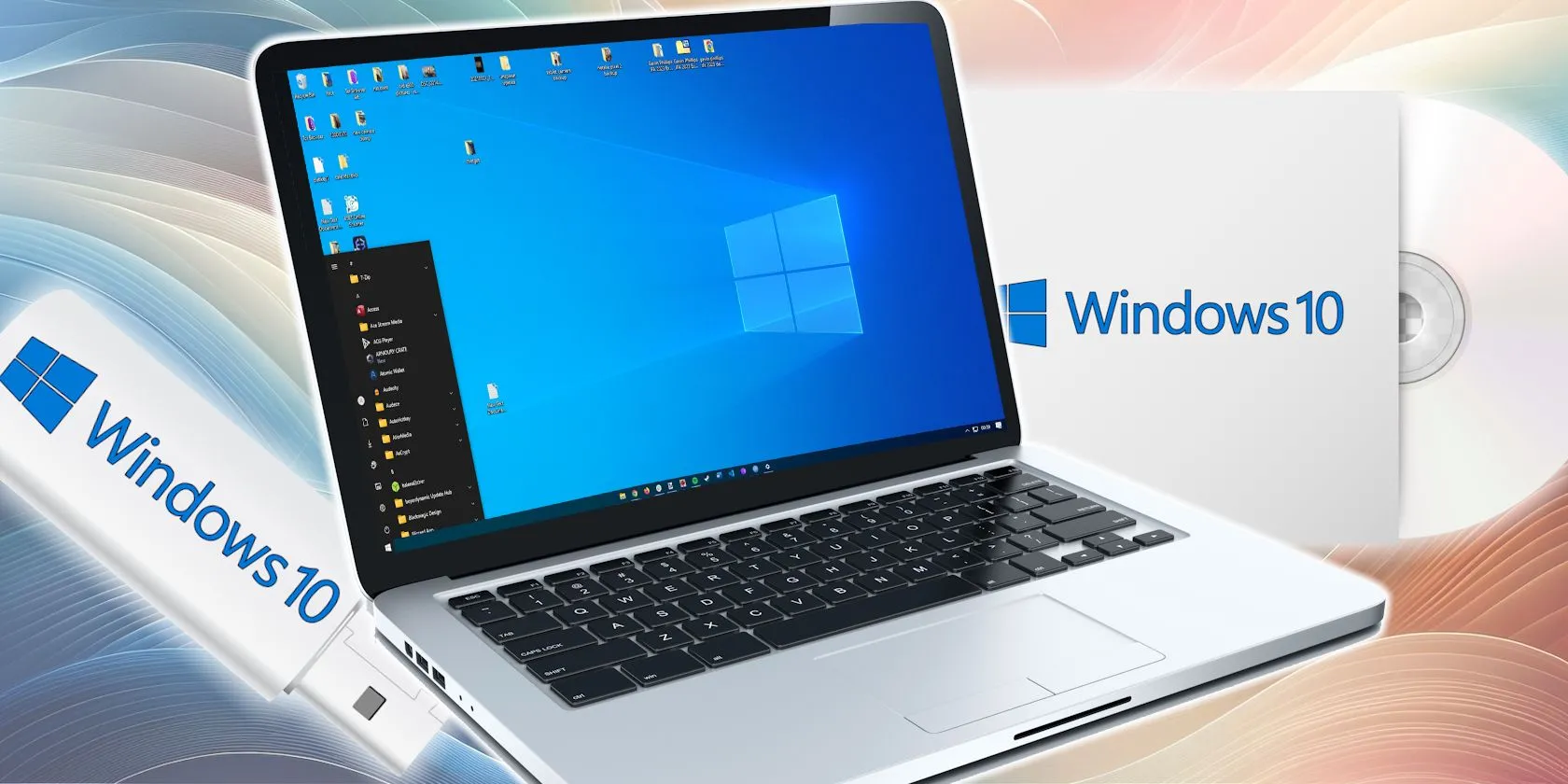 Laptop chạy Windows 10 với đĩa cài đặt và USB - Minh họa hỗ trợ bên thứ ba