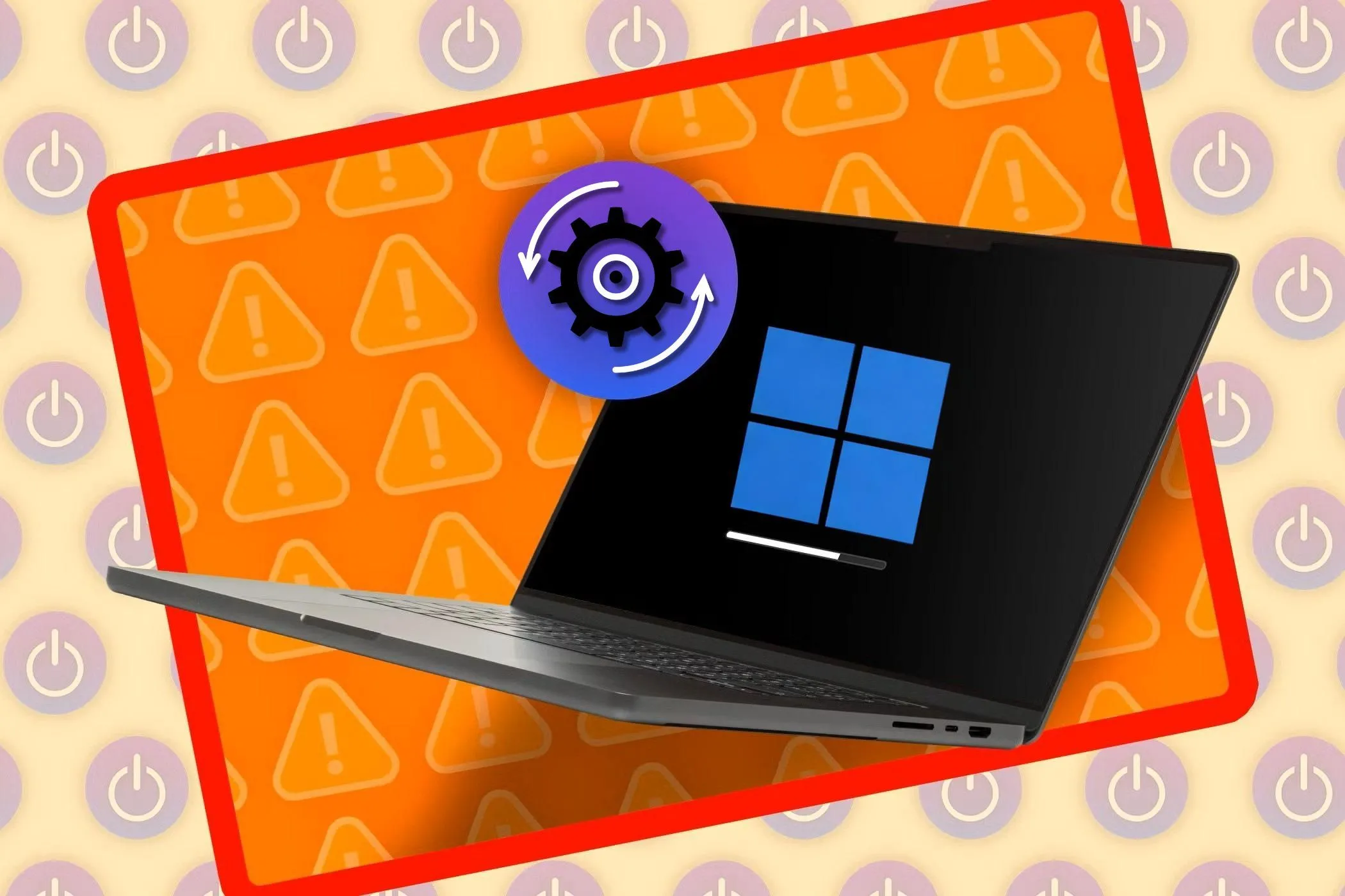 Laptop đang hiển thị màn hình khởi động Windows với biểu tượng Windows và logo cập nhật, minh họa quá trình tải hệ thống.