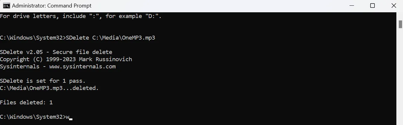 Lệnh SDelete xóa file MP3 trong Command Prompt
