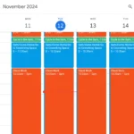 Lịch Google Calendar minh họa cách chia khối thời gian (time blocking) cố định cho các công việc, tiềm ẩn rủi ro chi phí chuyển đổi cao.