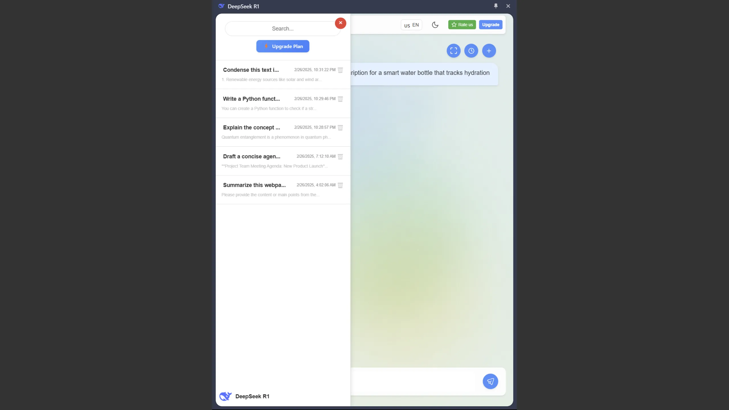 Lịch sử hội thoại của tiện ích DeepSeek AI by fadelmalnab trên Chrome, thể hiện khả năng lưu trữ các cuộc trò chuyện trước đó.