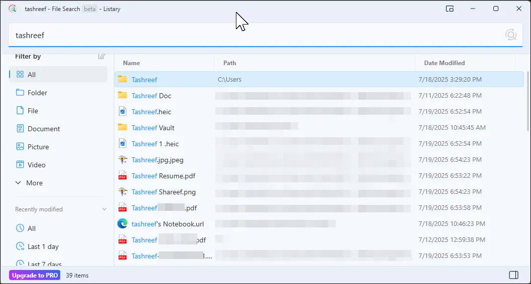 Listary hiện thanh tìm kiếm nhanh trên Windows 11, hiển thị kết quả tức thì
