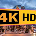 Logo 4K HDR trên màn hình TV hiển thị cảnh đường phố ban đêm