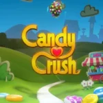 Logo game Candy Crush Saga trên nền xanh lá vui nhộn