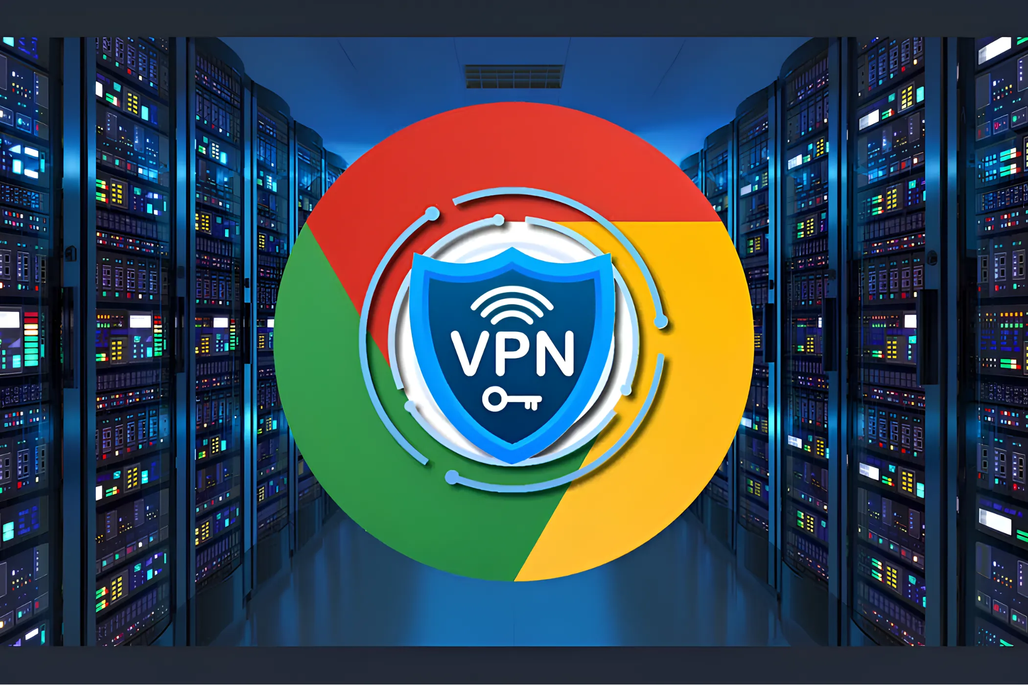 Logo trình duyệt Google Chrome với biểu tượng VPN trên nền phòng máy chủ, minh họa việc bảo mật kết nối khi mua sắm trực tuyến.