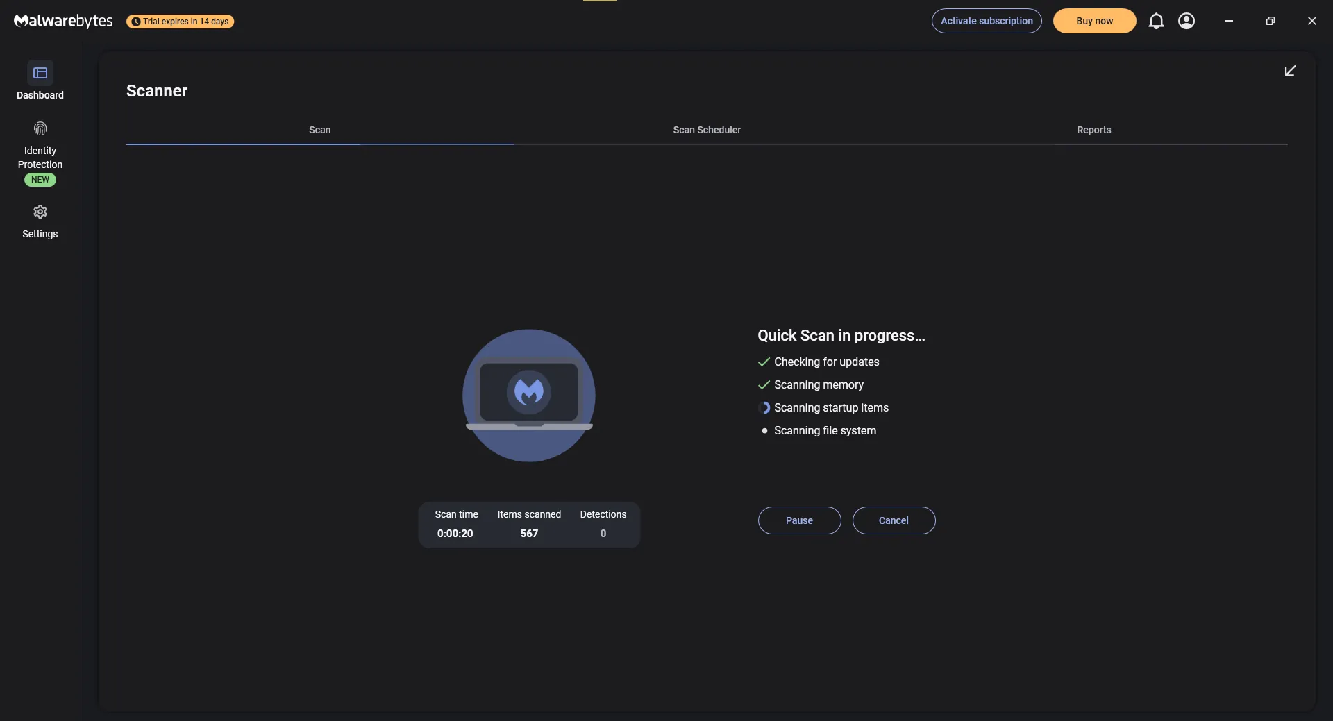 Malwarebytes đang quét virus nhanh trên máy tính Windows