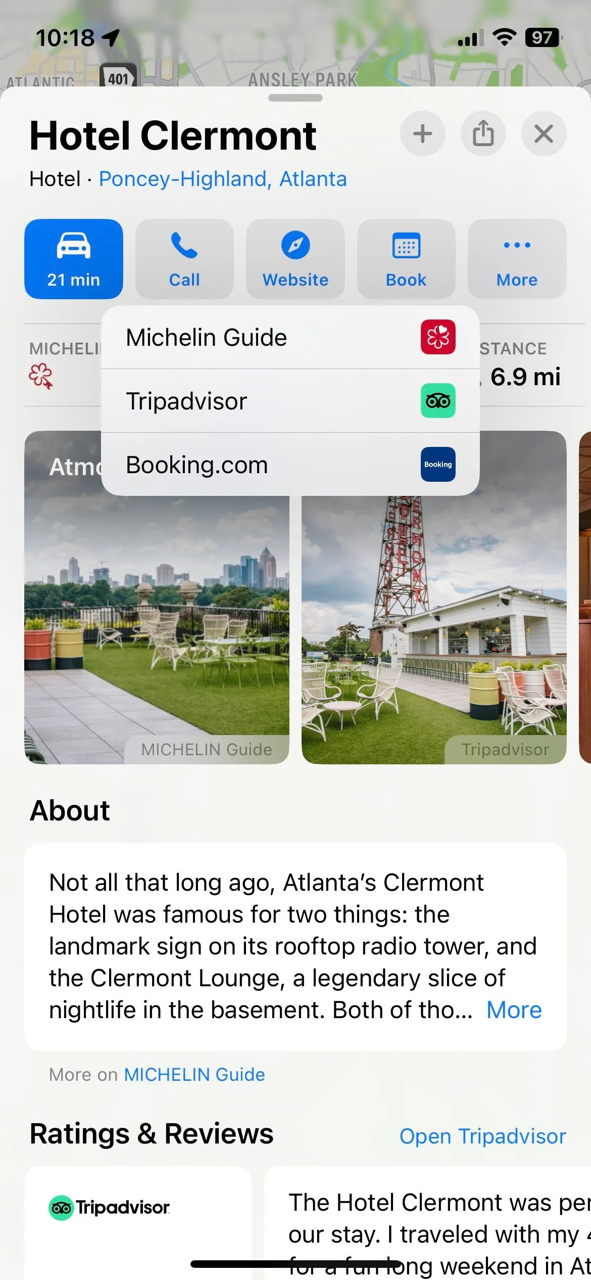 Màn hình Apple Maps hiển thị thông tin khách sạn Michelin Key và tùy chọn đặt phòng trực tiếp thông qua Michelin Guide.