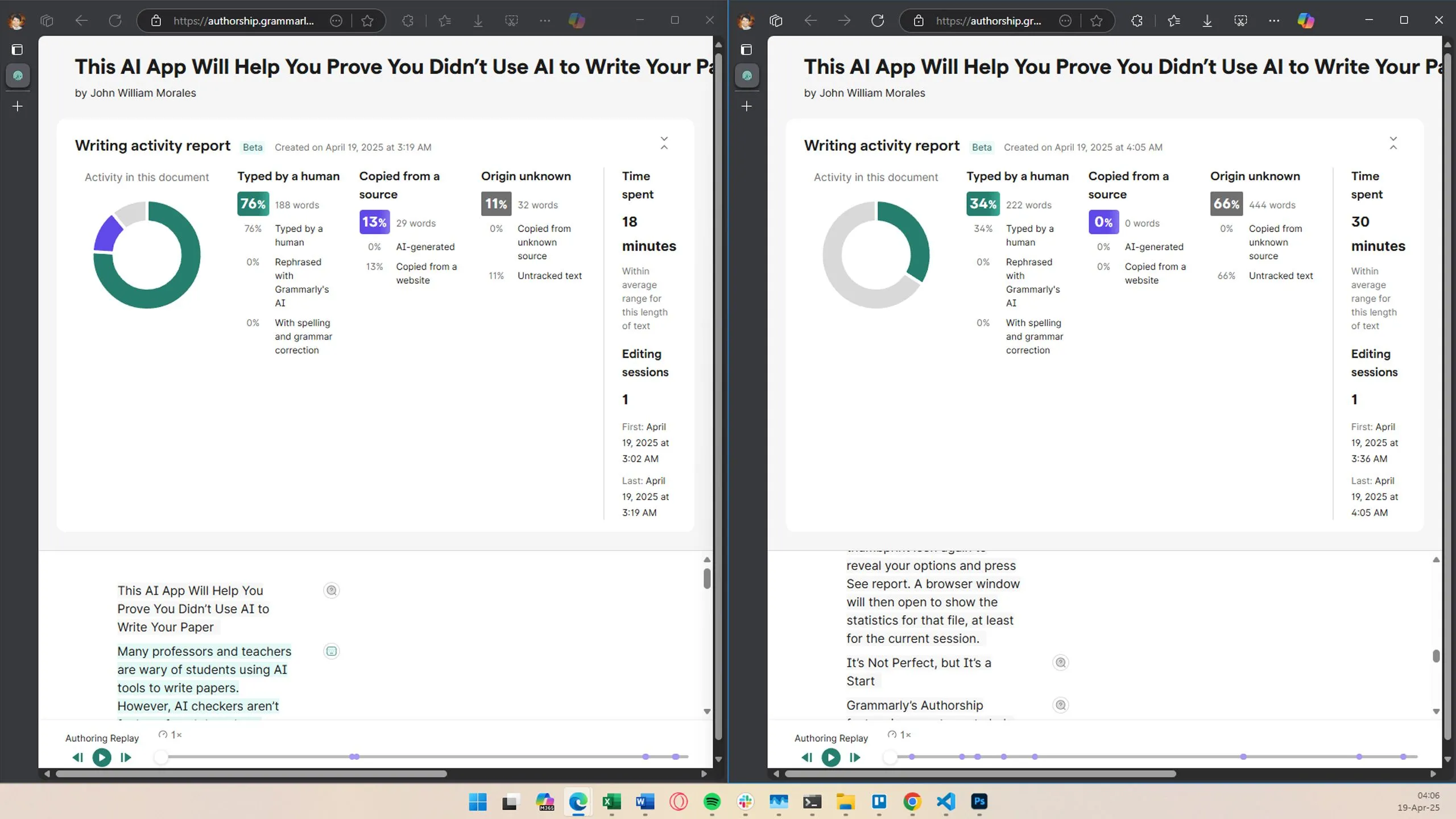 Màn hình báo cáo Grammarly Authorship hiển thị văn bản 'Origin unknown' sau khi mở lại tài liệu