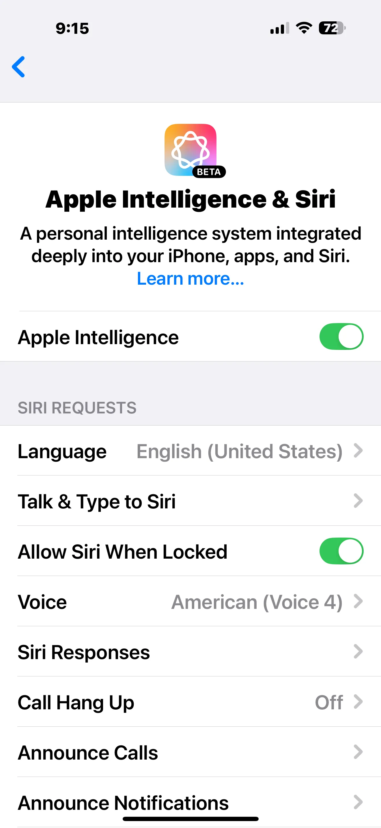 Màn hình cài đặt Apple Intelligence và Siri trên iPhone, hiển thị tùy chọn tắt tính năng AI.