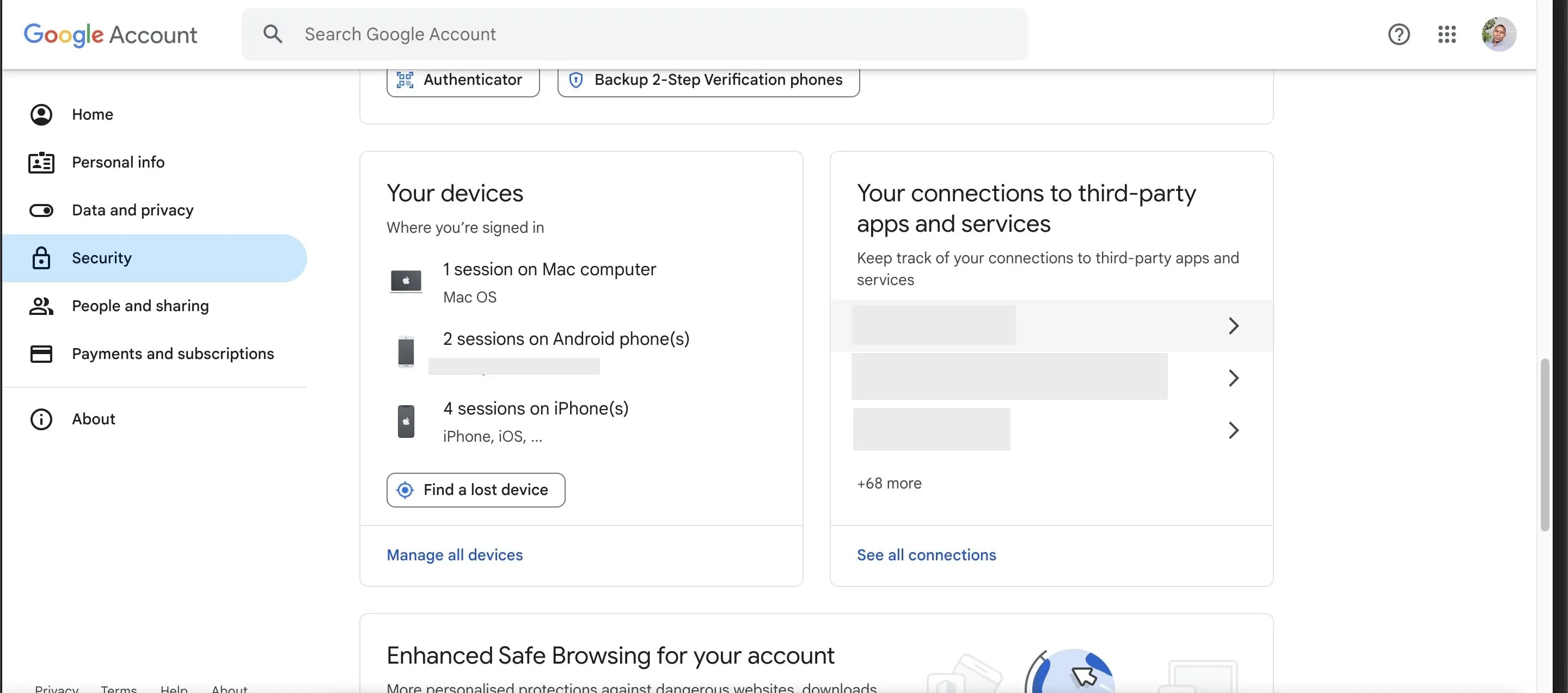 Màn hình cài đặt bảo mật tài khoản Google, liệt kê danh sách các thiết bị đã đăng nhập vào Gmail.