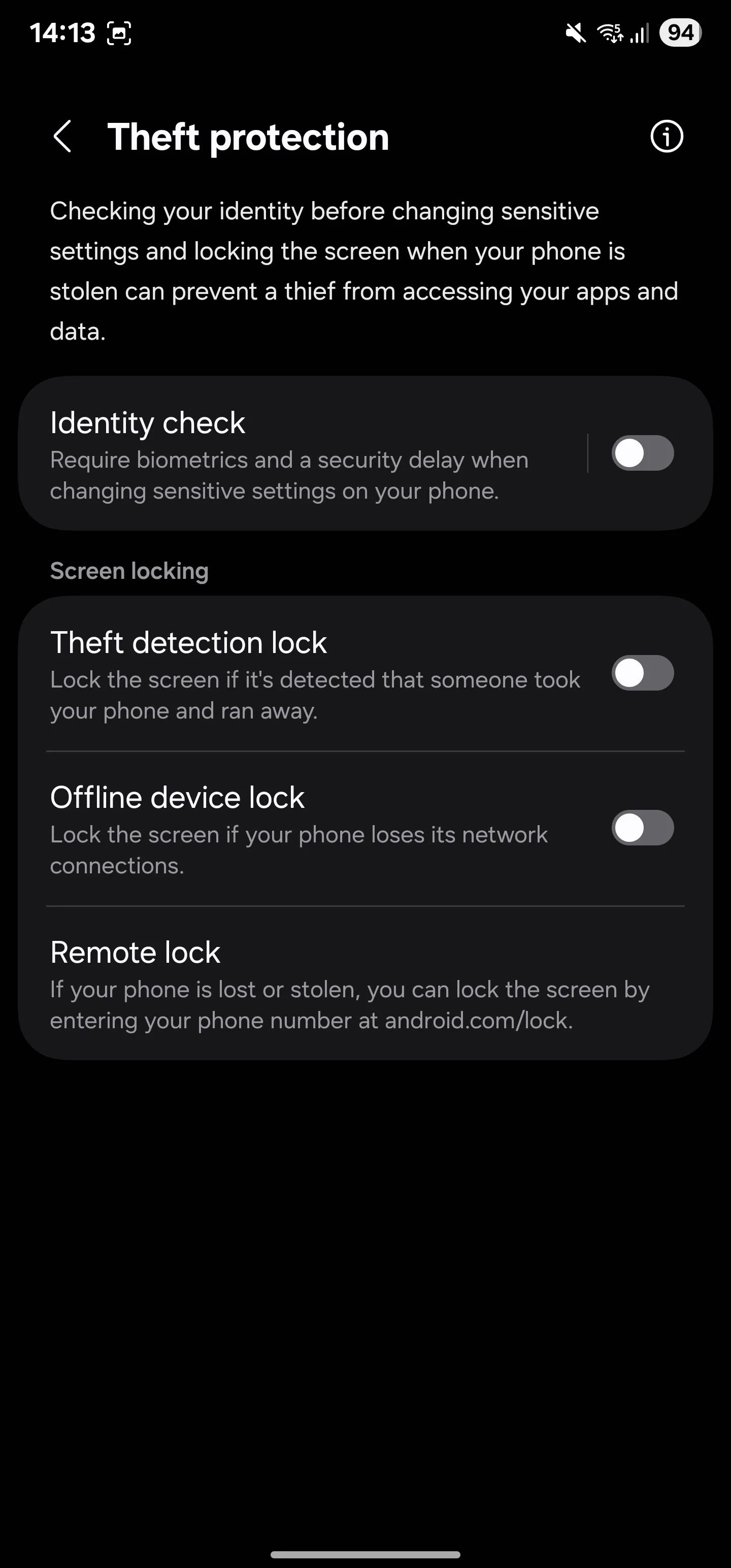 Màn hình cài đặt &quot;Bảo vệ chống trộm&quot; trên Samsung Galaxy với các tùy chọn &quot;Xác minh danh tính&quot;, &quot;Khóa phát hiện trộm cắp&quot; và &quot;Khóa thiết bị ngoại tuyến&quot;.