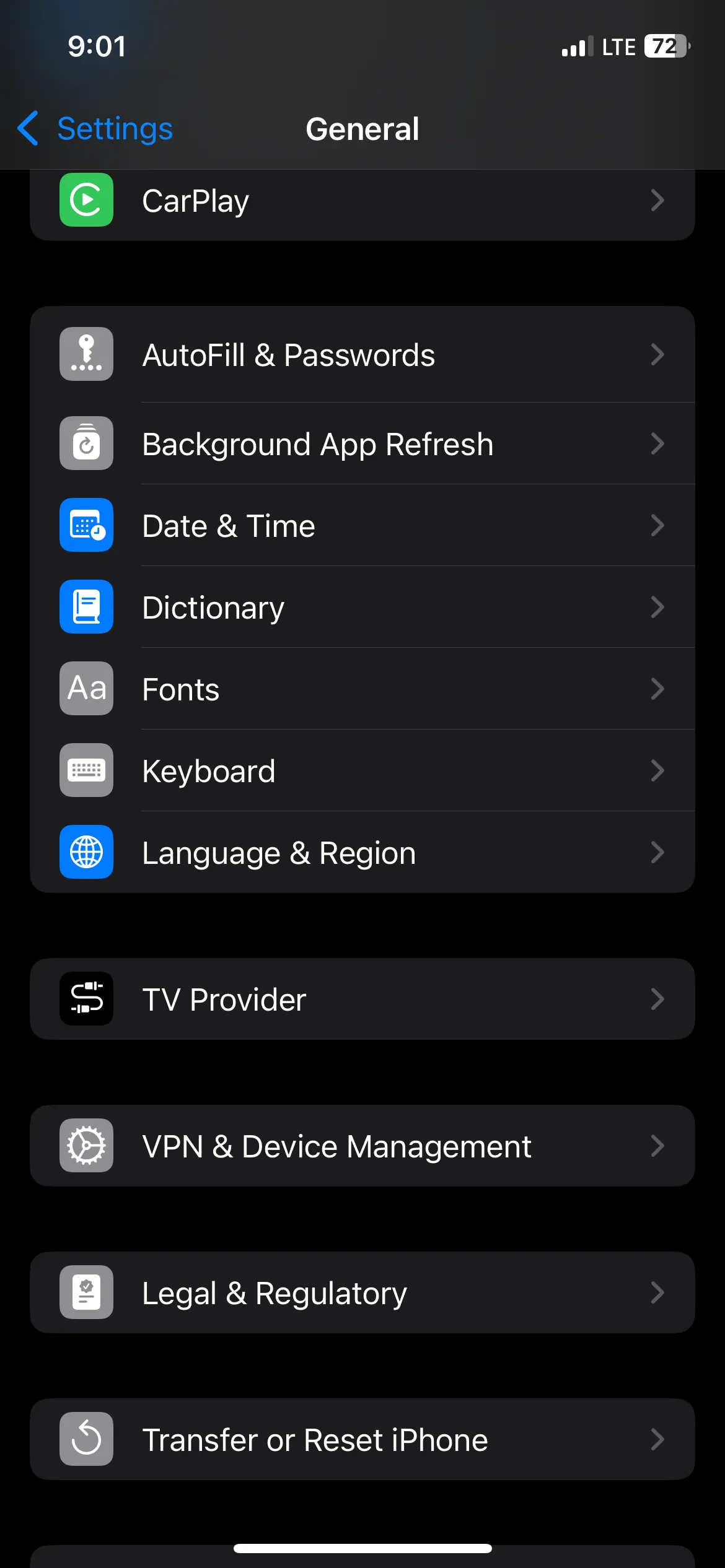 Màn hình cài đặt chung (General) trên iPhone, hiển thị tùy chọn Bàn phím (Keyboard).