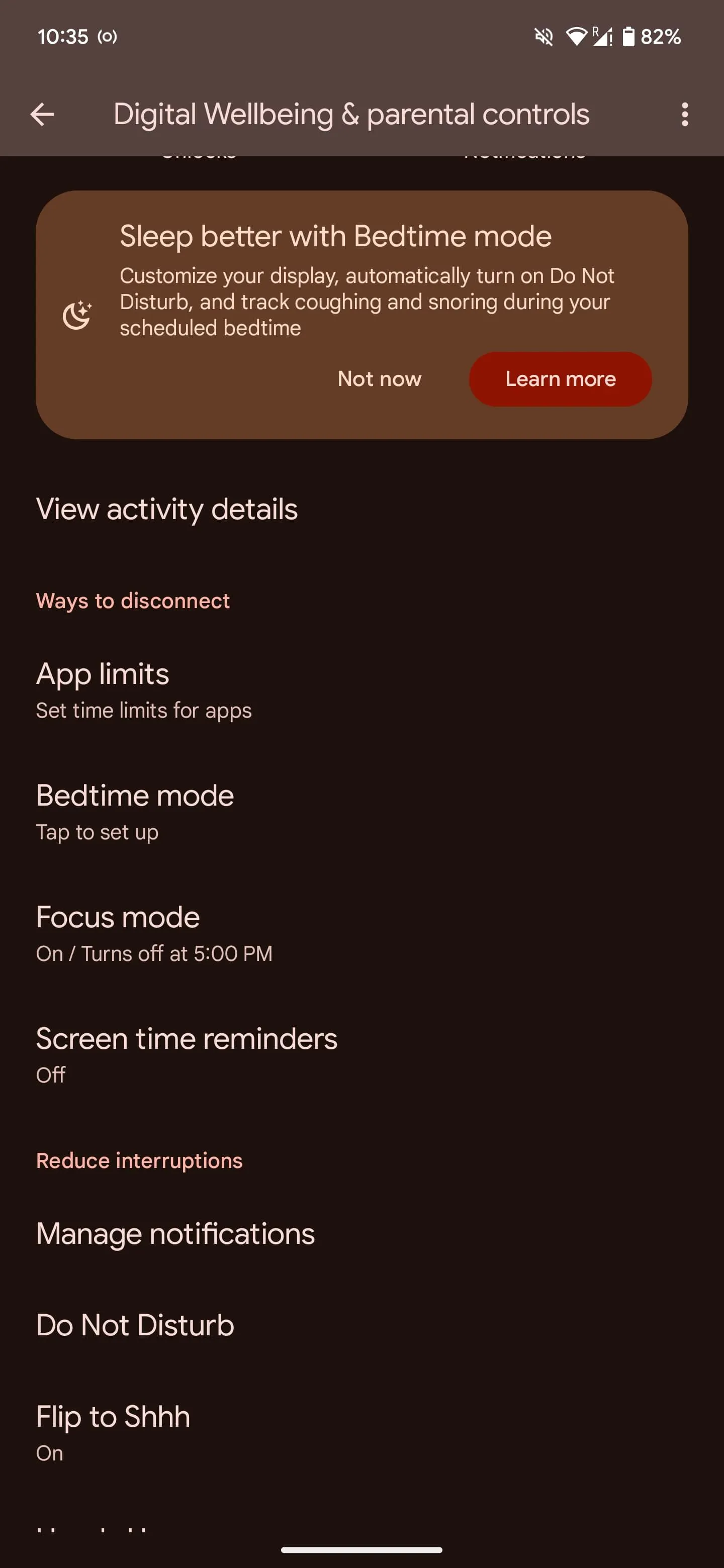 Màn hình cài đặt Digital Wellbeing & Parental controls trên Android để chọn Chế độ Tập trung