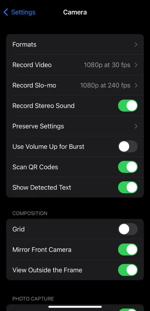 Màn hình cài đặt Định dạng (Formats) camera trên iPhone