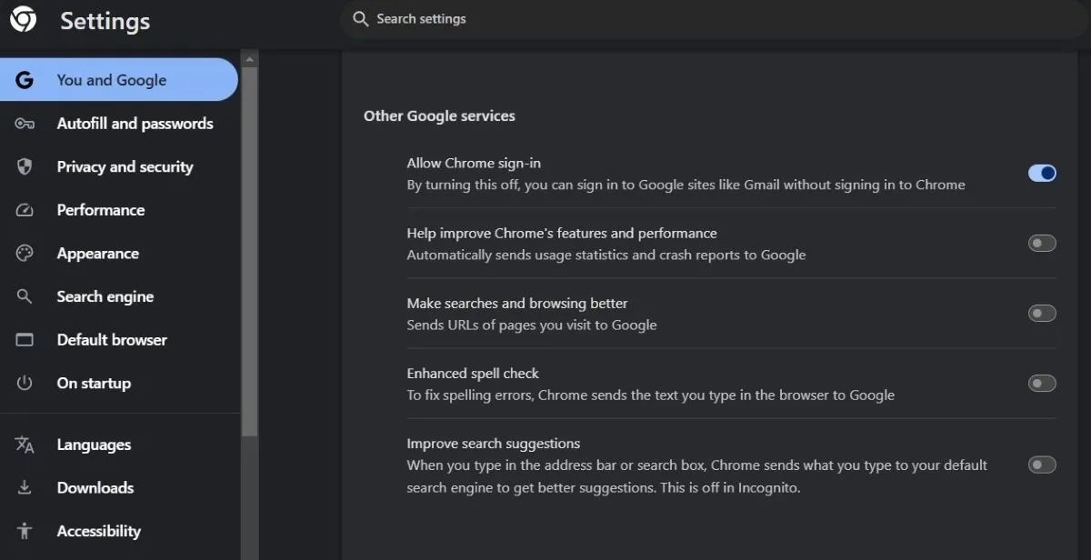 Màn hình cài đặt Đồng bộ hóa và dịch vụ của Google trong Chrome, nơi người dùng có thể tắt tính năng thu thập dữ liệu duyệt web và tìm kiếm để bảo vệ quyền riêng tư.