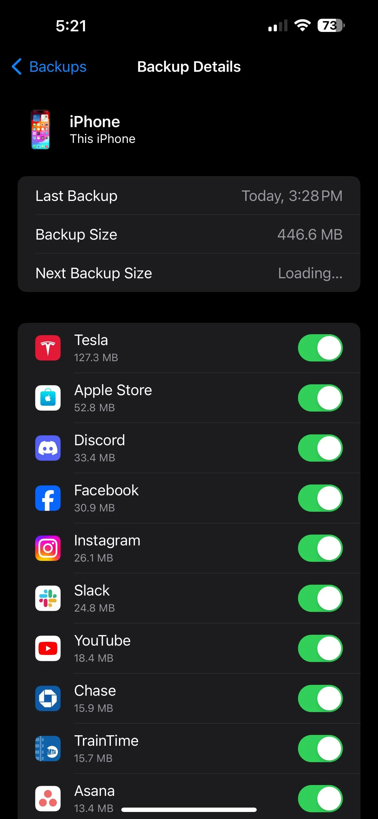 Màn hình cài đặt sao lưu iCloud hiển thị danh sách các ứng dụng được sao lưu