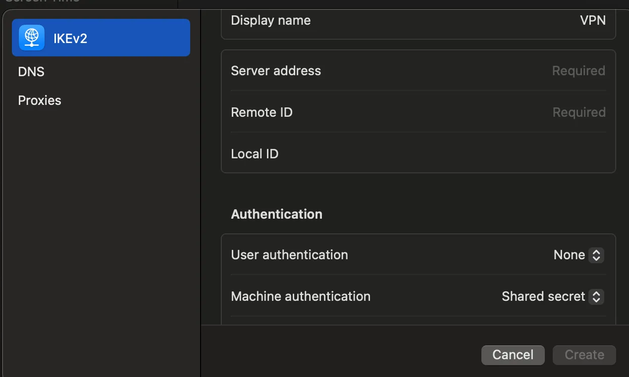 Màn hình cài đặt System Settings trên macOS để thiết lập VPN thủ công.
