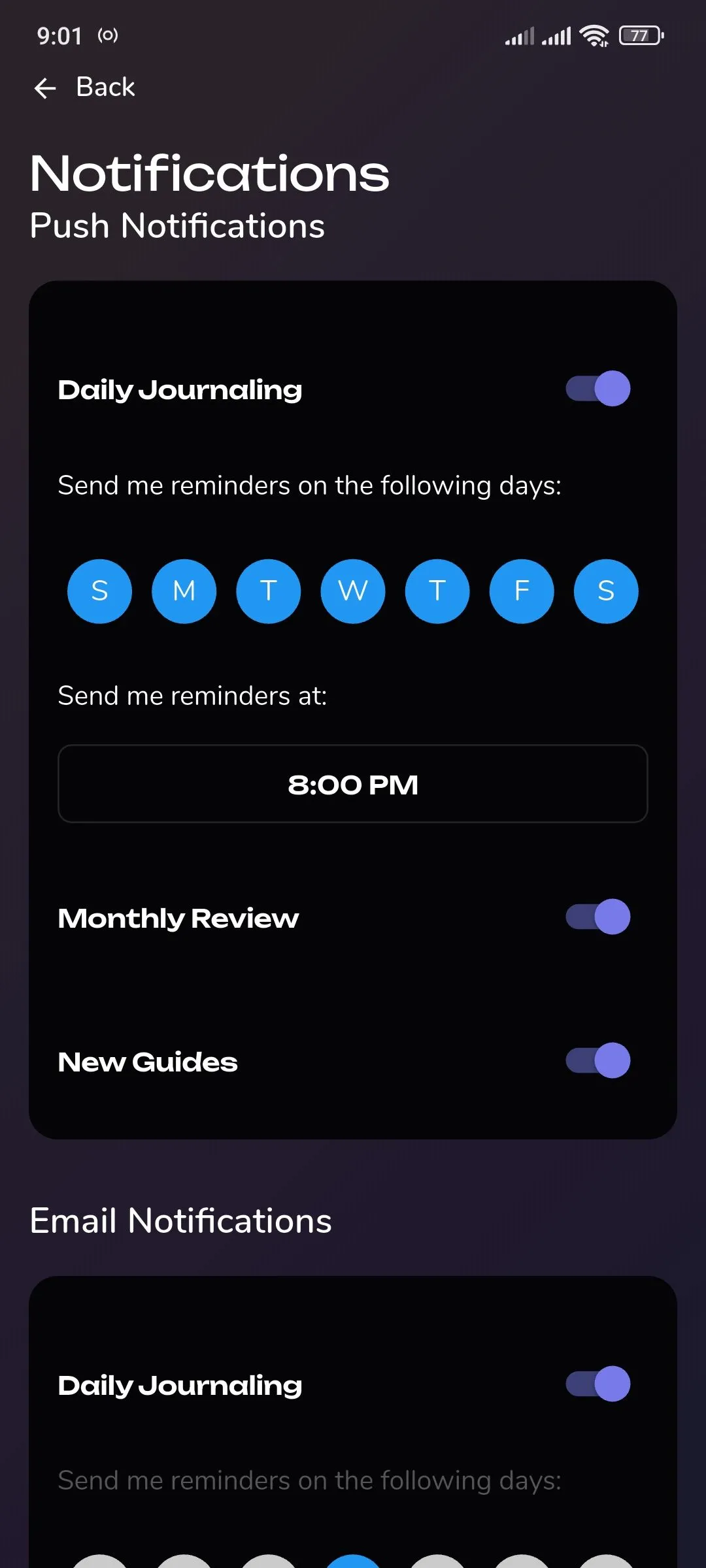 Màn hình cài đặt thông báo của ứng dụng Reflection.app.
