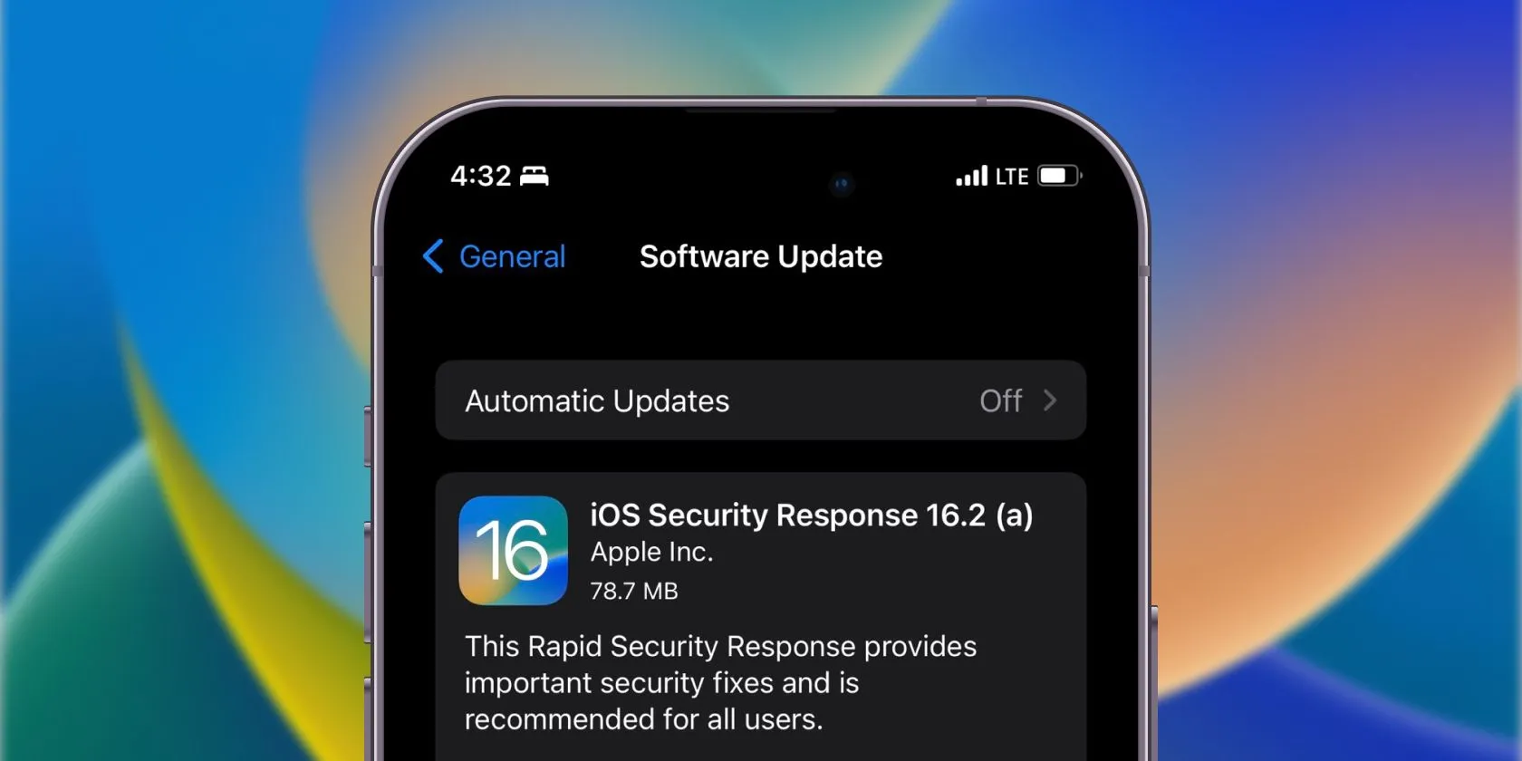Màn hình cài đặt tính năng Rapid Security Response trên iPhone để cập nhật bảo mật nhanh chóng