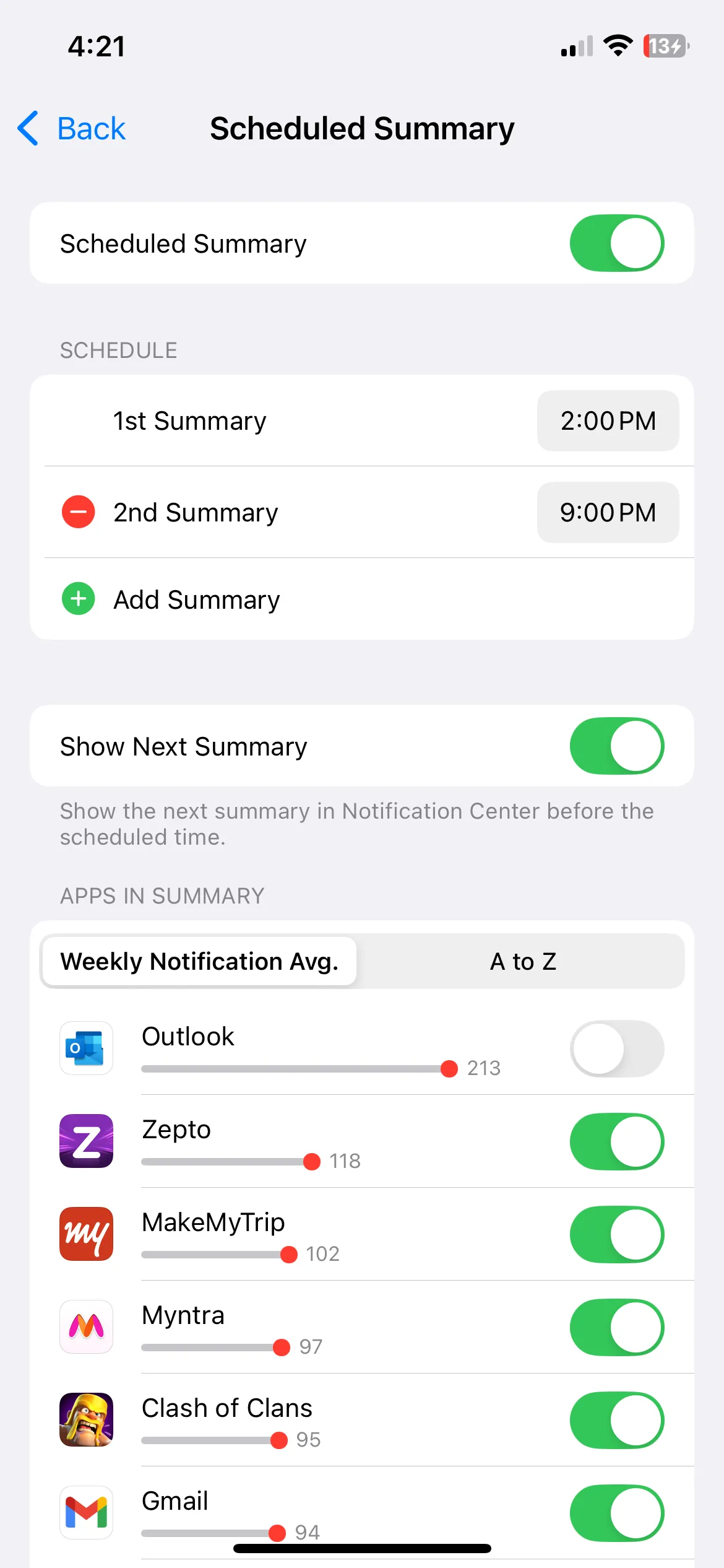 Màn hình cài đặt Tóm tắt theo lịch trình trong mục Thông báo của iPhone, hiển thị tùy chọn lên lịch nhóm thông báo.